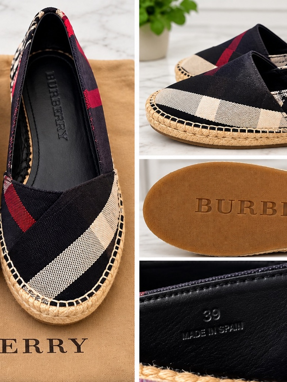 Burberry Navy, Red & Cream Check Espadrille Flats